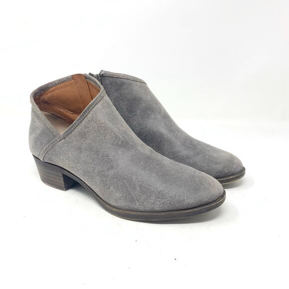 Lucky Brand Brekke Size 8 Grey Suede Ankle Boots Side Zip Asymmetrical Booties - Picture 1 of 8